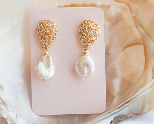 Gold plated wire wrap and pearl earrings