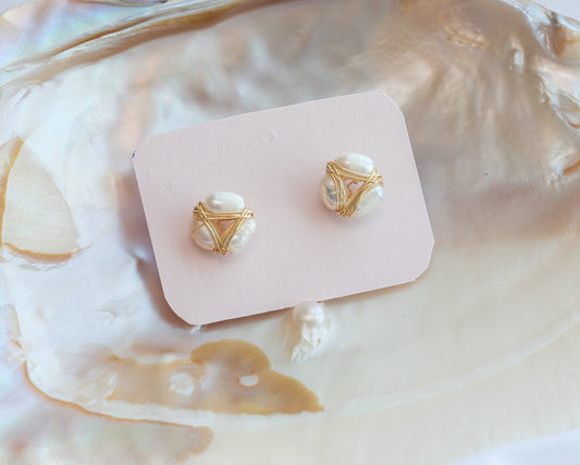 Gold plated wire wrap 3 pearl stud earrings