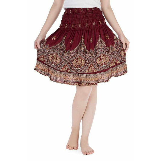 Boho Skirt with Smocked Waist - Burgundy Las Mujeres