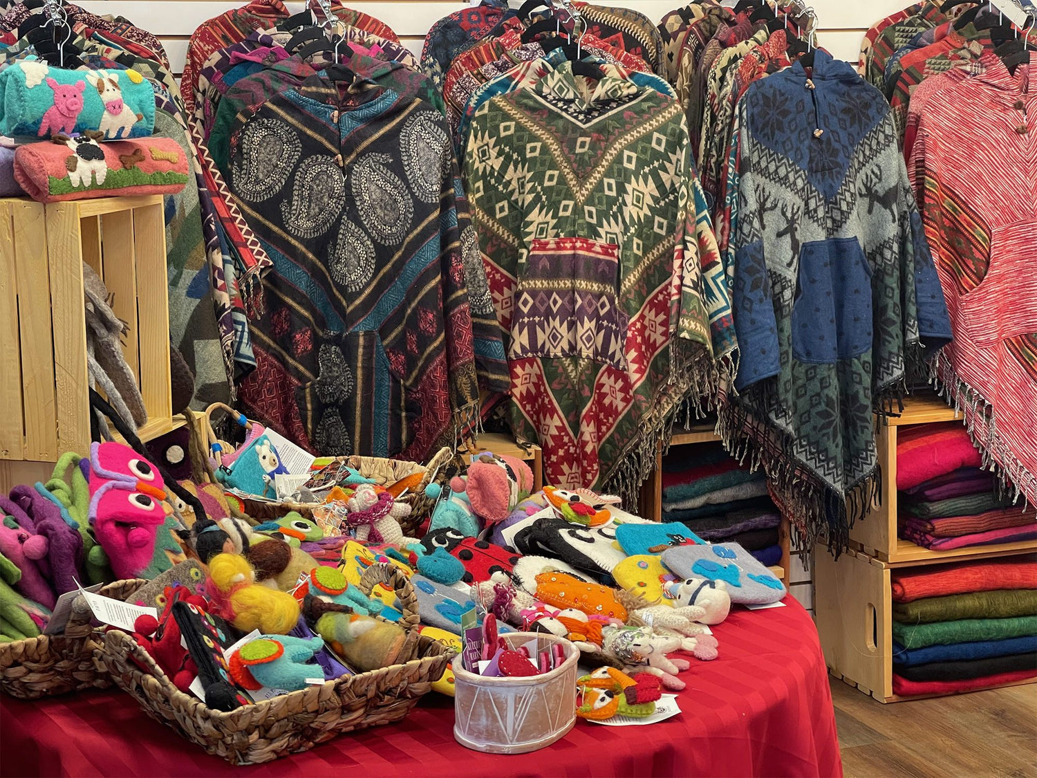 Ponchos, wool felt ornaments, purses and other items produced in Nepal