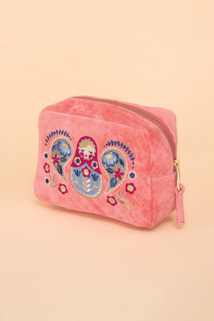 Velvet Embroidered Make-Up Bag - Matryoshka Doll, Petal