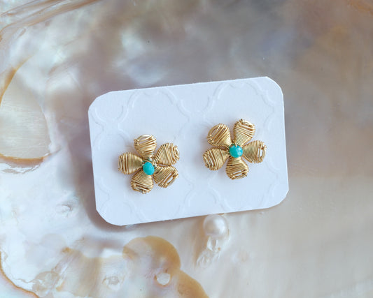 Gold plated wire wrapped flower earring with turquoise gem