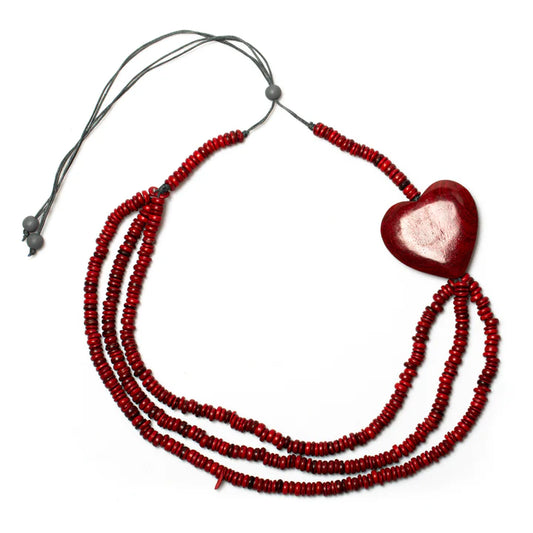 Triple Strand Coconut Bead & Wooden Heart Necklale