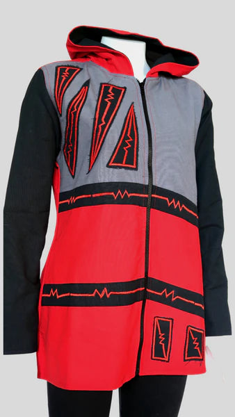 Mid-length Canvas Hoodie Jacket w fleece lining, Red