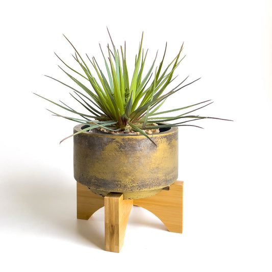 Bronzed ceramic plant pot with bamboo wooden stand