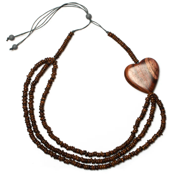 Triple Strand Coconut Bead & Wooden Heart Necklale